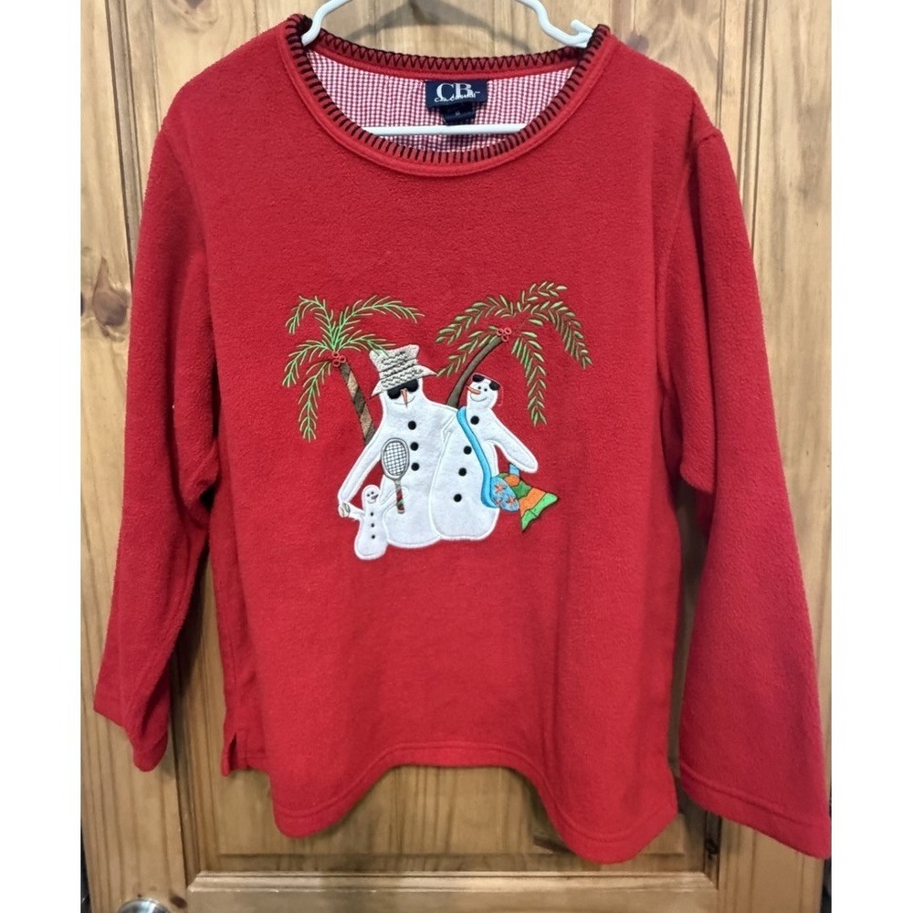 CB Casual Womens M Red Fleece Christmas Snowman Palm Tree Embroidered Top